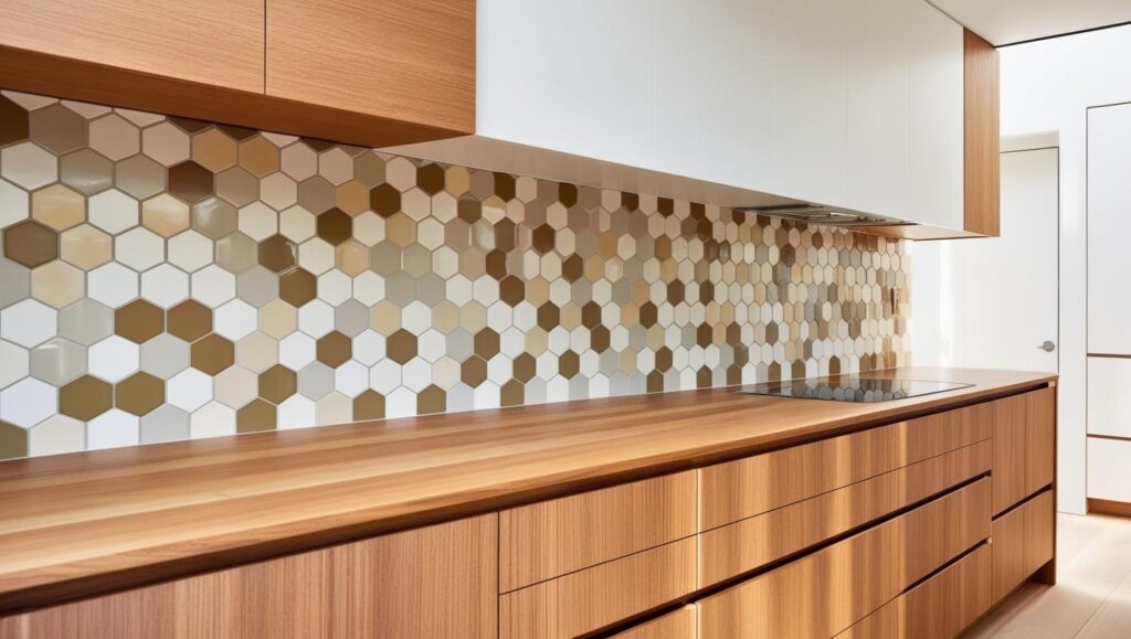 imagen de cocina moderna con azulejos hexagonales combinados con madera