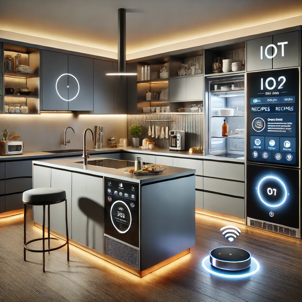 DALL·E 2024-12-09 21.41.01 - A modern smart kitchen featuring IoT appliances. The design includes sleek cabinets, a central island with a built-in induction stove, a smart refrige