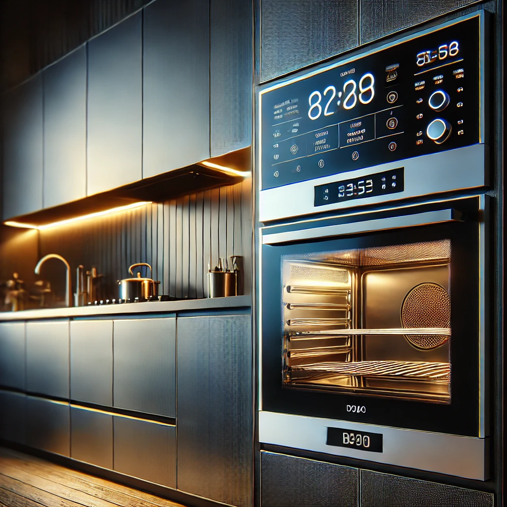 DALL·E 2024-12-09 21.41.07 - A sleek and modern smart oven and microwave set. The oven features a touchscreen control panel displaying cooking options and a transparent door with