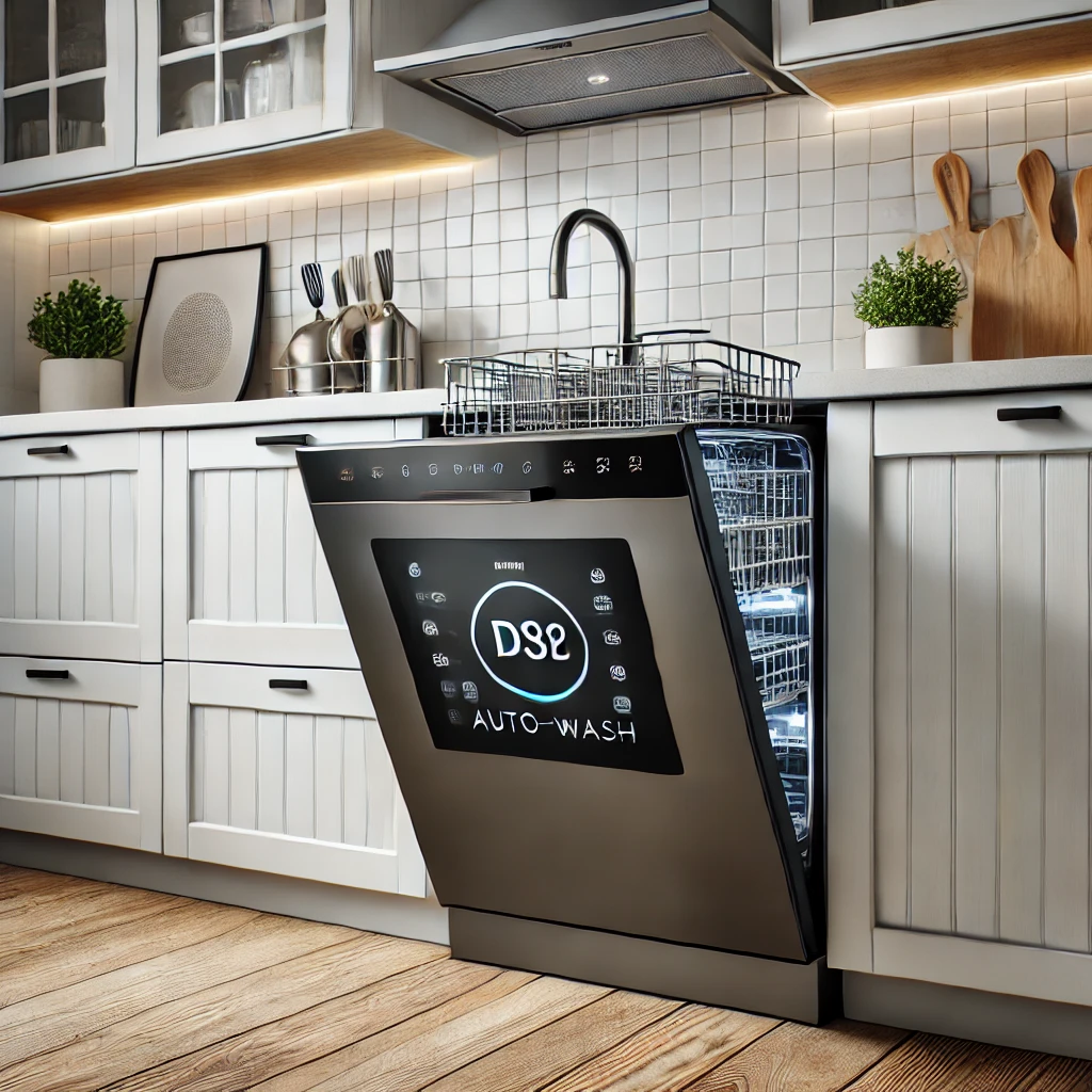 DALL·E 2024-12-09 21.44.32 - A sleek, modern intelligent dishwasher in a kitchen setting, featuring a minimalist design with a touchscreen interface displaying smart options such