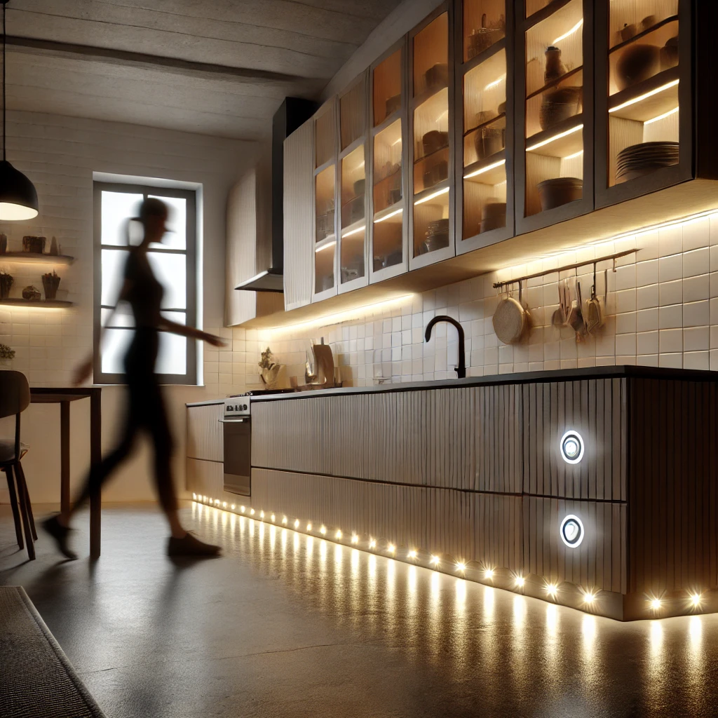 DALL·E 2024-12-09 21.47.52 - A modern kitchen with motion sensors installed under the cabinets, activating LED strip lights. The scene shows a person walking by, triggering soft,