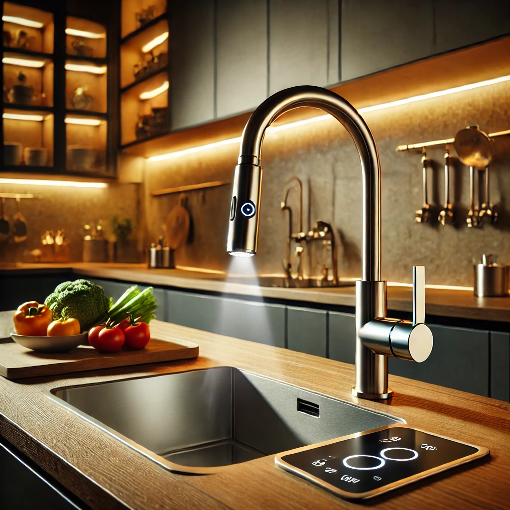 DALL·E 2024-12-09 21.55.31 - A modern kitchen featuring sleek smart faucets with motion sensors. The faucets are metallic, elegant, and equipped with LED indicators to show functi