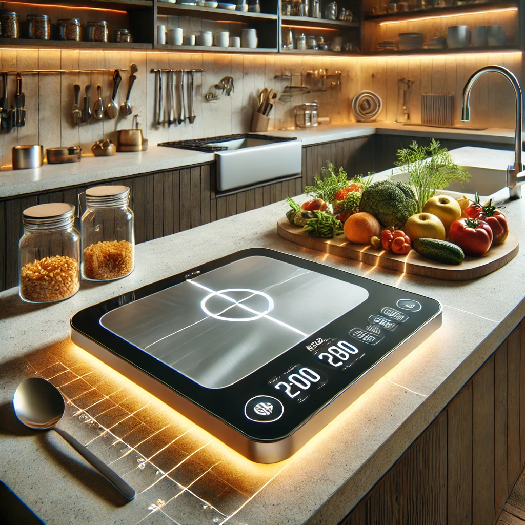 DALL·E 2024-12-09 21.57.52 - A futuristic kitchen countertop with an integrated smart scale. The scale is seamlessly embedded into the surface, with a sleek digital display showin