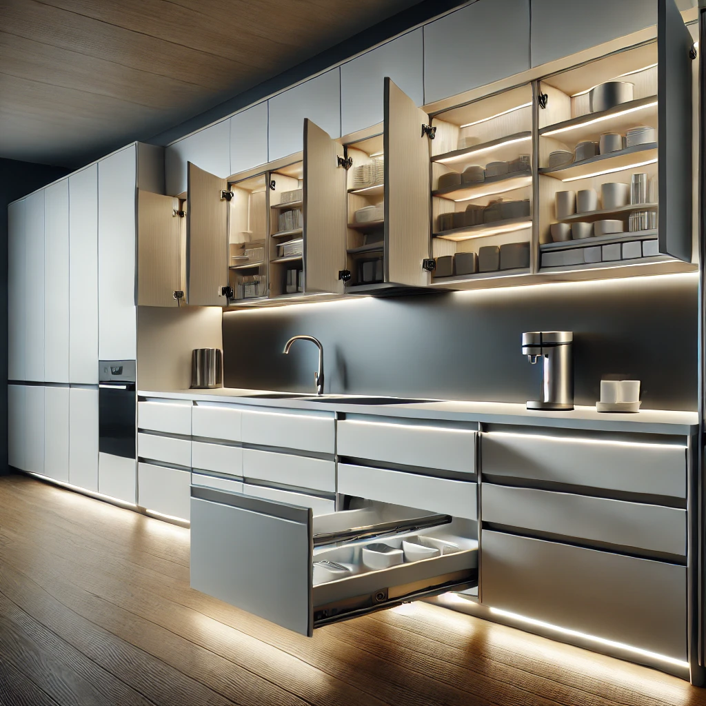 DALL·E 2024-12-09 21.58.52 - A modern kitchen showcasing motorized cabinets designed to maximize small spaces. The cabinets feature smooth, automated opening mechanisms with sleek