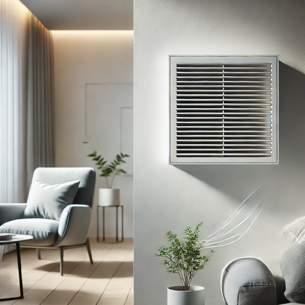 DALL·E 2024-12-10 20.42.26 - A detailed image of a wall-mounted ventilation grille in a modern room. The grille is sleek and rectangular, integrated into a clean white wall to imp