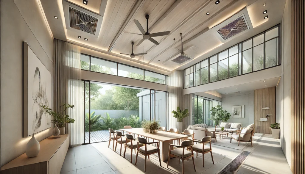 DALL·E 2024-12-10 20.44.42 - A detailed architectural rendering of a dining room designed to maximize ventilation. The room features large, modern windows and open glass doors, al