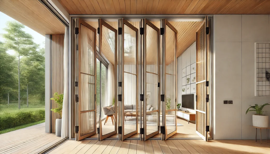 DALL·E 2024-12-10 20.46.01 - A detailed architectural rendering of the interior of a modern house featuring foldable doors designed to facilitate room ventilation. The doors are m