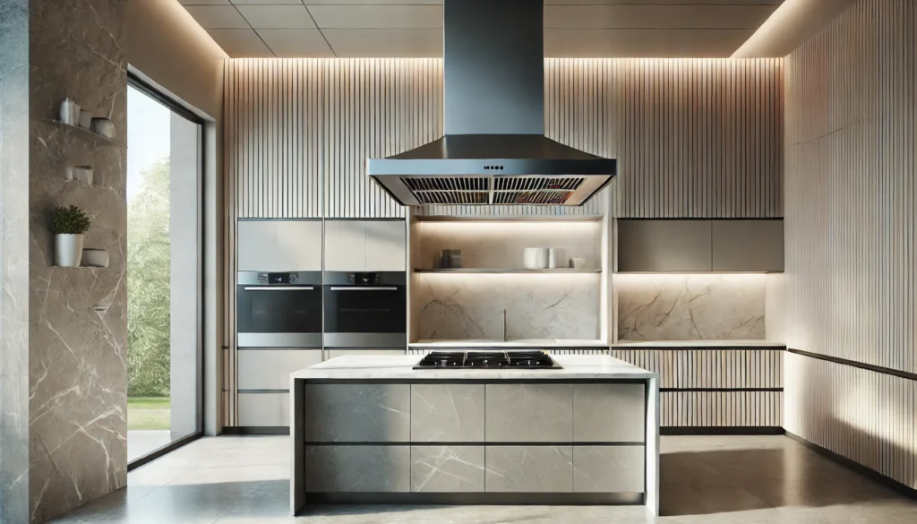 DALL·E 2024-12-10 20.50.08 - A modern kitchen island featuring a sleek, stainless steel range hood extractor suspended from the ceiling. The island is designed with minimalist aes