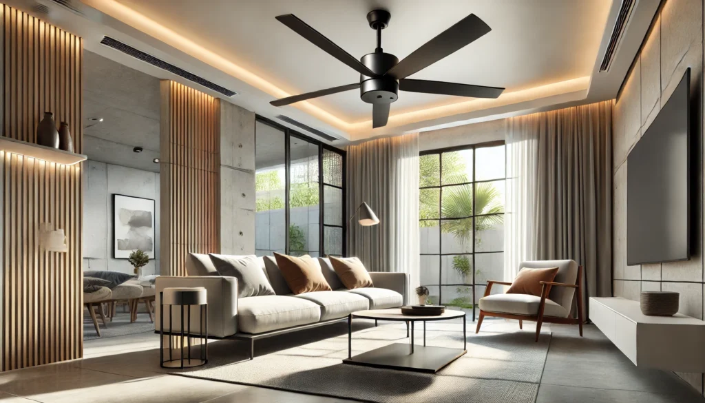 DALL·E 2024-12-10 20.51.47 - A modern room featuring a stylish ceiling fan with a sleek, minimalist design. The room has a contemporary aesthetic with clean lines, neutral tones,