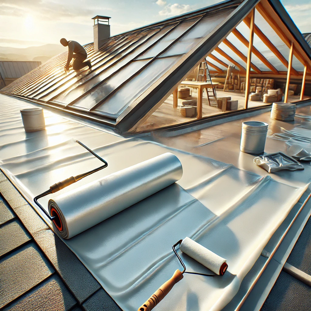 DALL·E 2024-12-10 20.57.34 - A detailed view of a roof being waterproofed, showcasing the application of a waterproof membrane or sealant. The roof is modern and clean, with visib