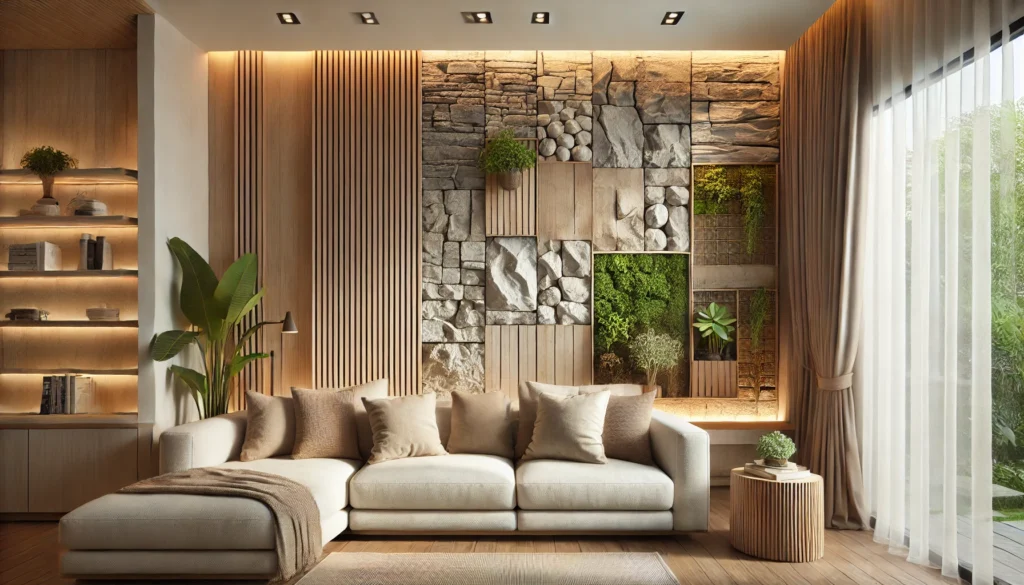 DALL·E 2024-12-10 21.00.02 - A cozy living room wall featuring natural materials for improved humidity absorption and air circulation. The design includes a combination of stone s