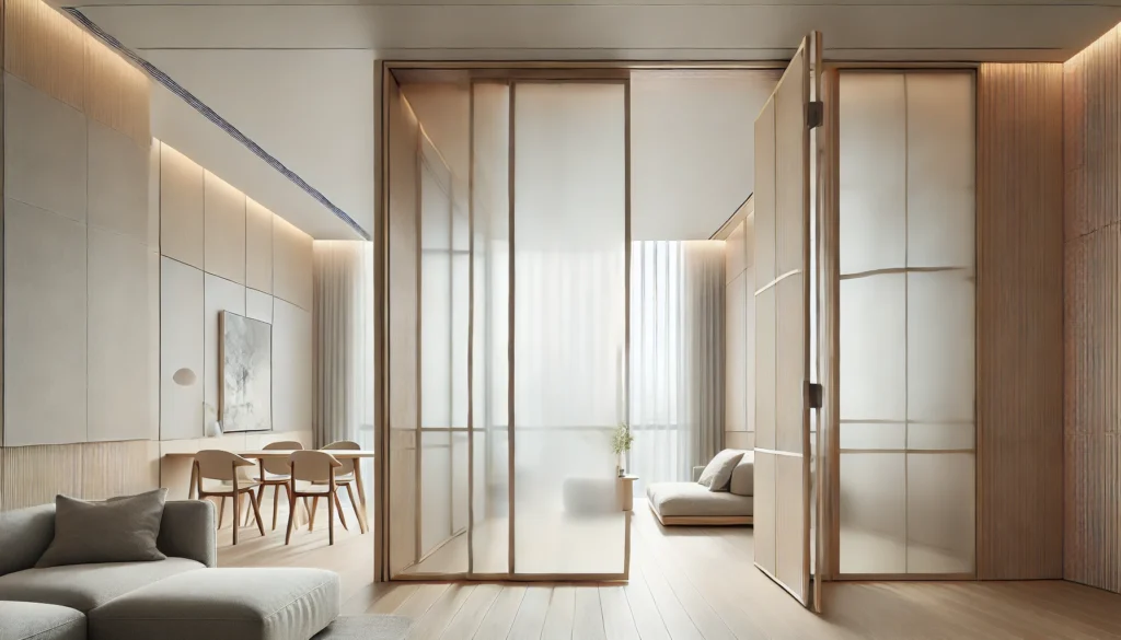DALL·E 2024-12-10 21.01.39 - A modern and functional movable non-structural wall designed to connect two rooms and enhance air circulation and ventilation. The wall features slidi