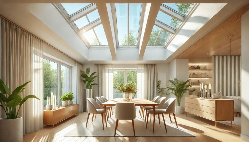 DALL·E 2024-12-10 21.03.28 - A bright dining room with Velux-style skylights on the ceiling, allowing fresh air and natural light to enter. The skylights are strategically placed