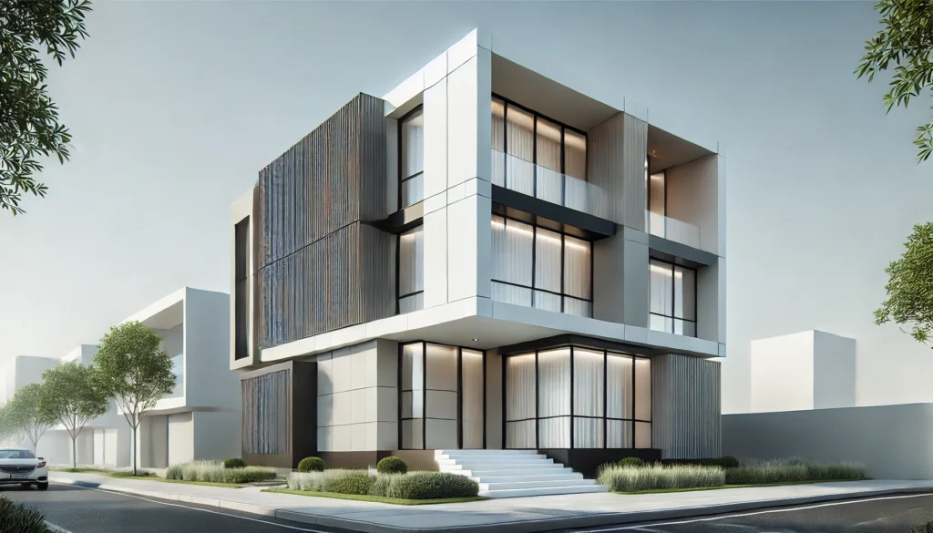 DALL·E 2024-12-14 19.11.15 - A modern minimalist facade design with clean straight lines, featuring materials such as glass, metal, and concrete. The building has a sleek and cont