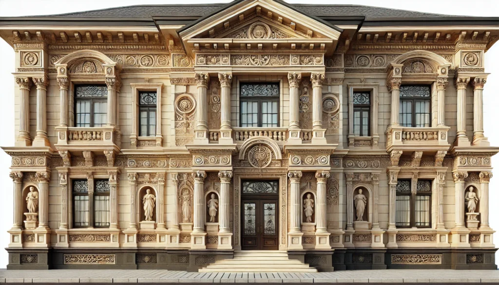 DALL·E 2024-12-14 19.12.07 - A classic or traditional building facade with ornamental details, including columns, moldings, and intricate architectural features. The materials use
