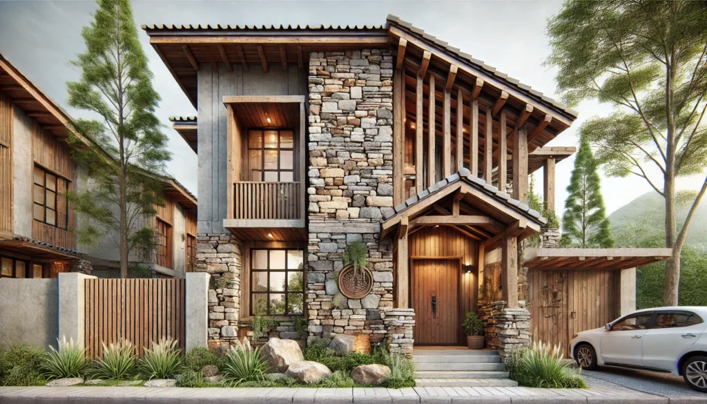 DALL·E 2024-12-14 19.13.45 - A rustic building facade featuring natural materials such as stone, wood, and exposed brick. The design showcases rough textures and weathered finishe