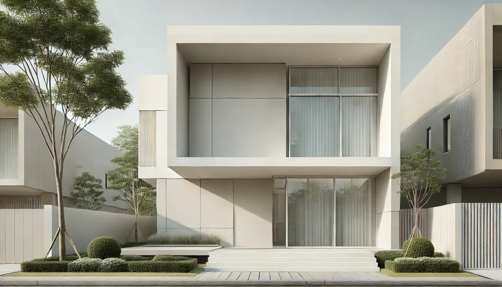 DALL·E 2024-12-14 19.41.45 - A minimalist house facade with a focus on simplicity and functionality. The design features clean lines, a flat roof, and large windows. The color pal