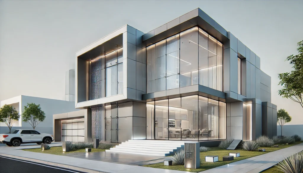 DALL·E 2024-12-14 19.44.14 - A futuristic house facade with a sleek and modern design, featuring refined and slightly angular geometries without being overly complex. The structur