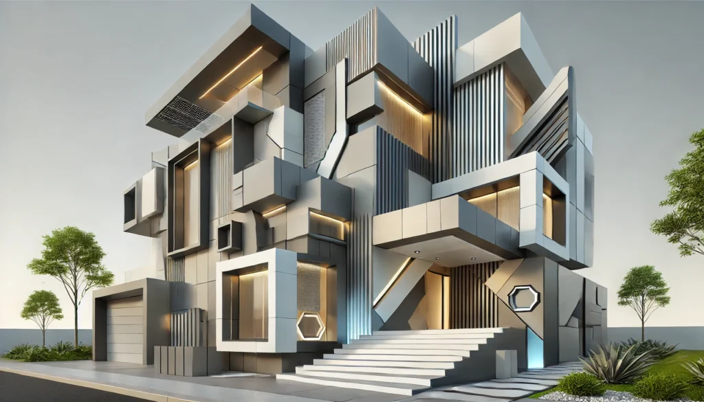 DALL·E 2024-12-14 19.45.54 - A futuristic house facade with bold geometric shapes, featuring angular and dynamic forms. The design incorporates innovative materials like reflectiv