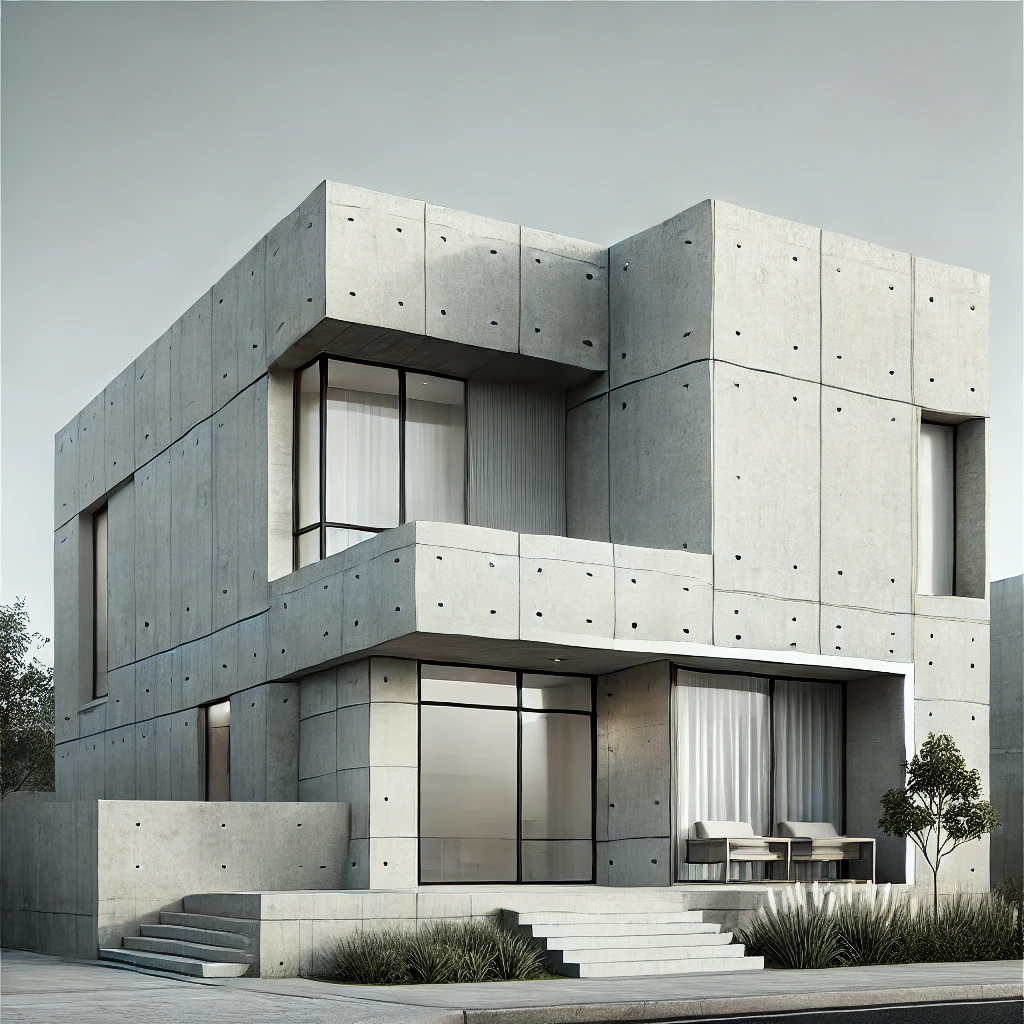 DALL·E 2024-12-14 19.51.20 - A concrete facade of a house with industrial or minimalist aesthetics. The design emphasizes clean lines, raw materials, and simplicity, featuring exp