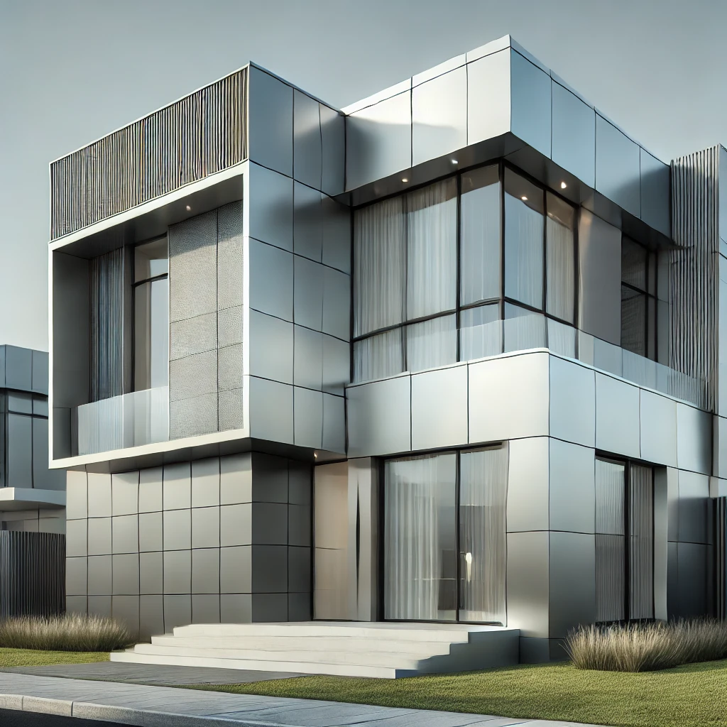 DALL·E 2024-12-14 19.52.57 - A modern house facade made of aluminum, zinc, or steel, showcasing sleek and contemporary design. The structure features clean lines, metallic texture