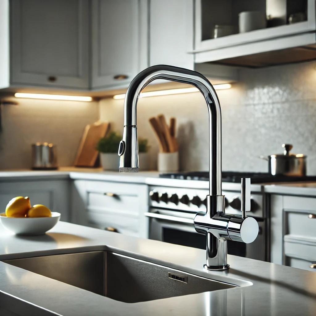 DALL·E 2024-12-15 22.26.35 - A chrome-plated brass faucet in a modern kitchen. The faucet has a sleek and minimalist design with a shiny, reflective surface. The kitchen features