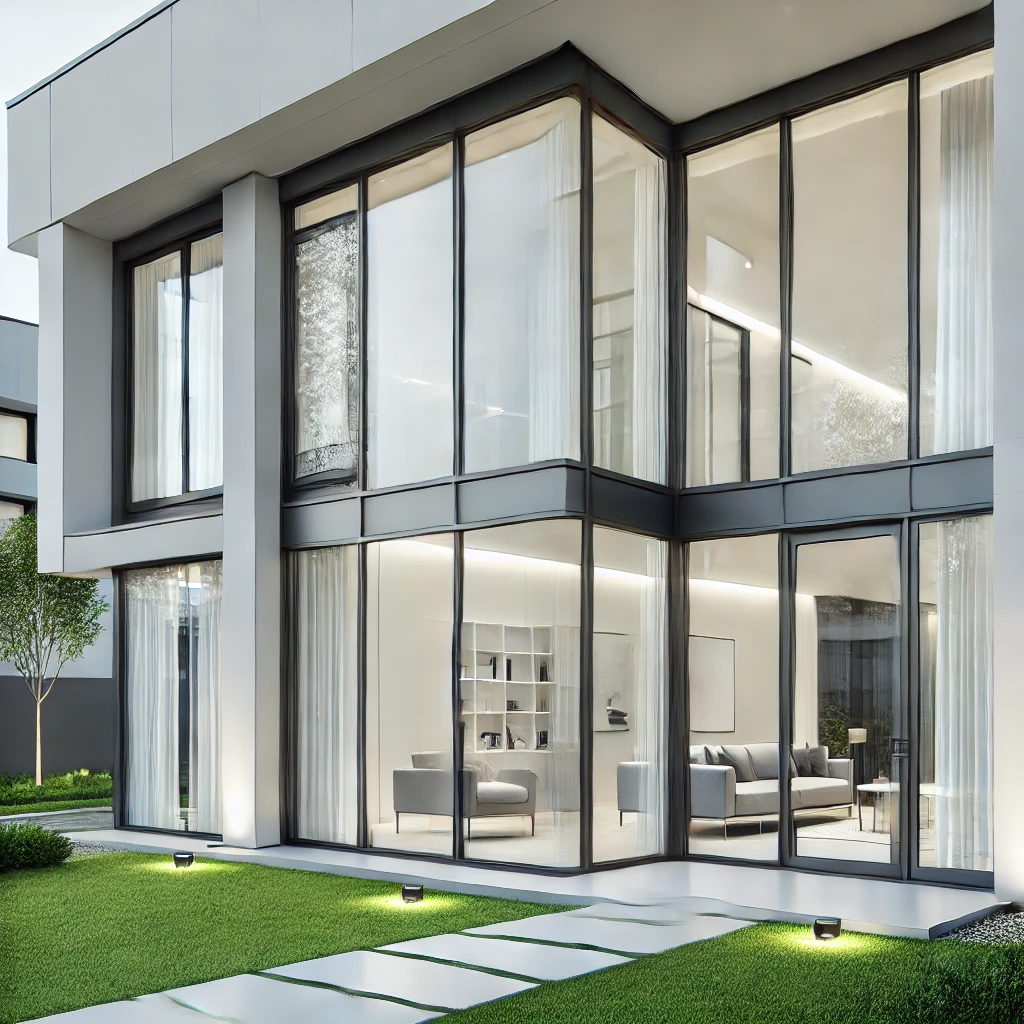DALL·E 2024-12-15 22.27.58 - Windows and doors made of reinforced PVC in a modern house. The design features large, energy-efficient, double-glazed windows and sleek, durable door