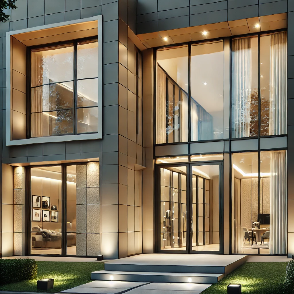 DALL·E 2024-12-15 22.28.38 - Aluminum doors and windows with thermal break in a modern chic house. The facade is clad in ceramic tiles with a sleek and stylish finish. The windows