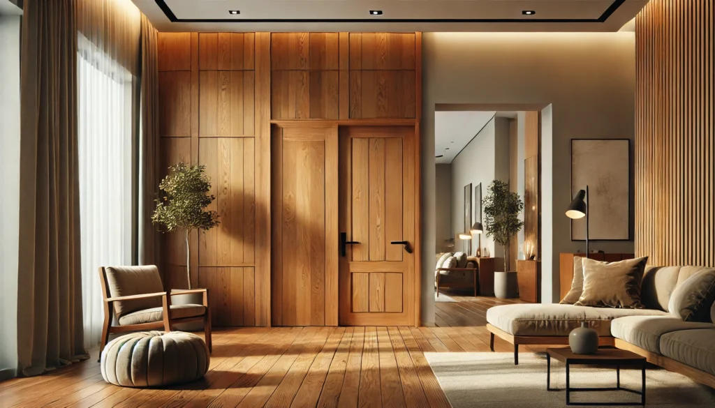 DALL·E 2024-12-15 22.30.36 - A modern yet warm interior of a home featuring solid wood doors. The doors are crafted from rich, natural wood with elegant grain patterns, blending s