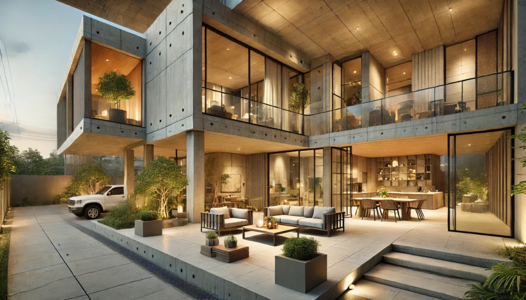 DALL·E 2024-12-15 22.31.58 - A modern yet warm and homely residence showcasing reinforced concrete in floors, walls, and exterior structures. The concrete features a polished and