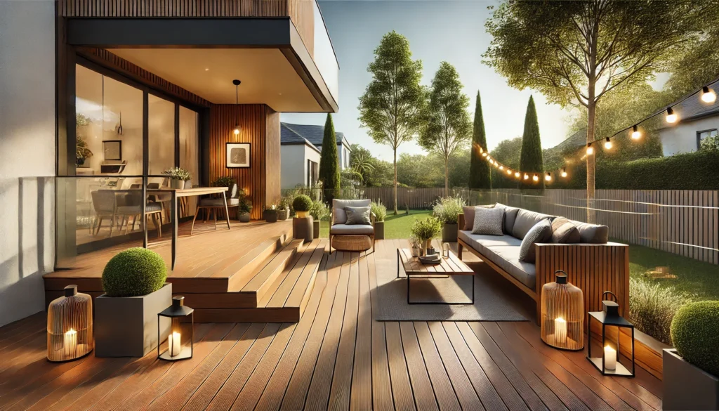 DALL·E 2024-12-15 22.32.48 - A modern yet homely terrace featuring composite decking. The terrace has a sleek, contemporary design with warm, wood-like composite boards that provi