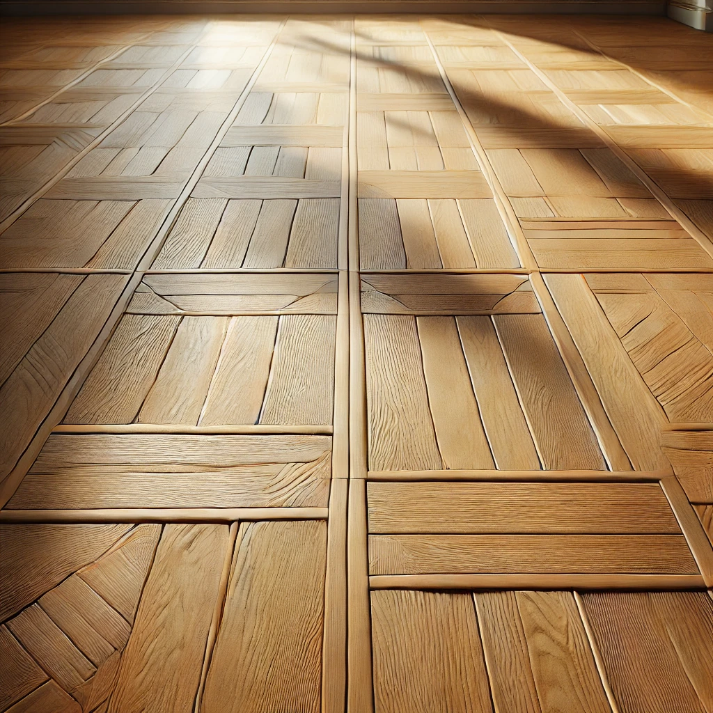 DALL·E 2024-12-17 01.26.22 - A classic wooden floor installation showing planks arranged parallel to each other, creating a uniform and orderly appearance. The wooden planks have