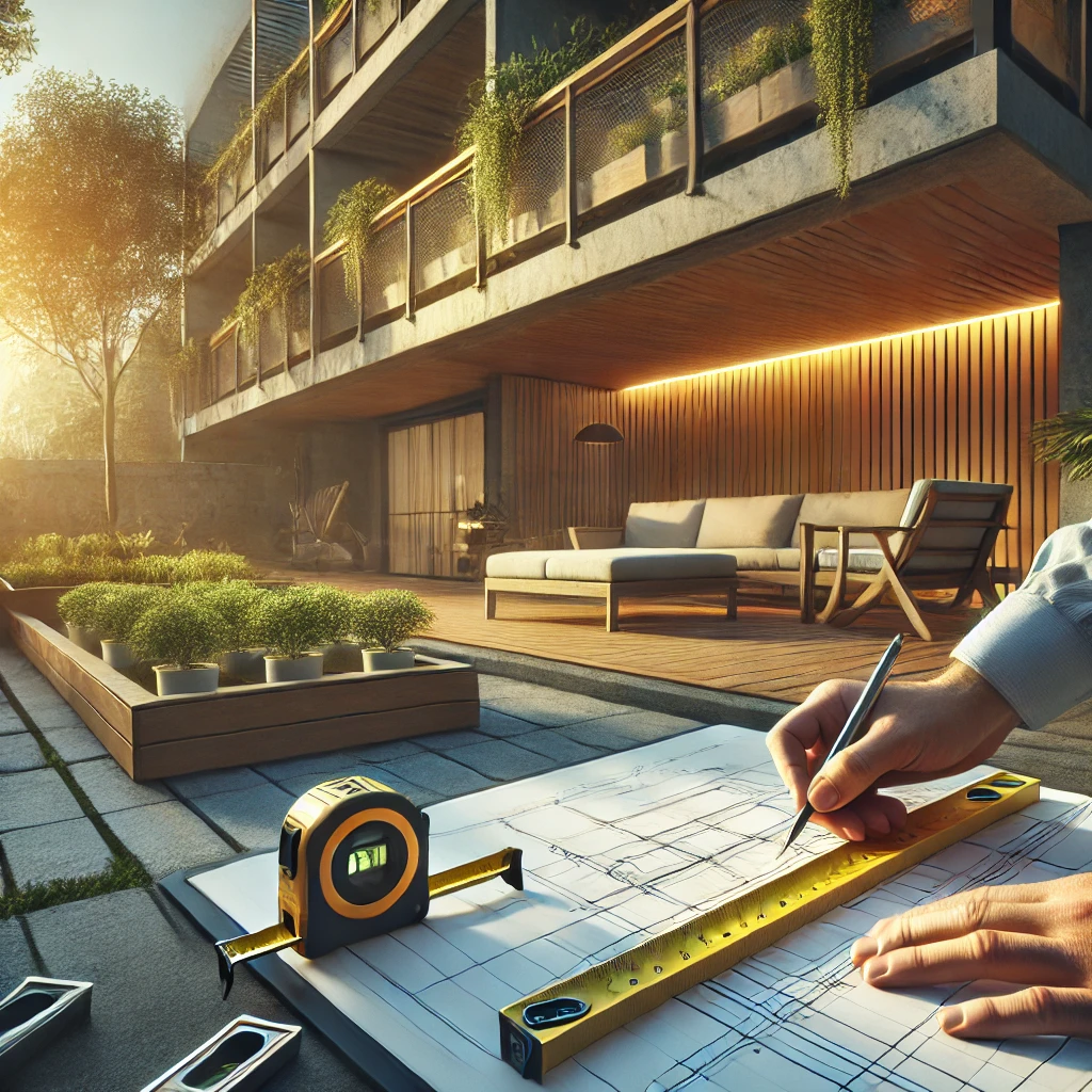 DALL·E 2024-12-22 13.05.47 - An outdoor scene depicting a professional evaluating a terrace space. The person is measuring the dimensions of the terrace using a measuring tape whi