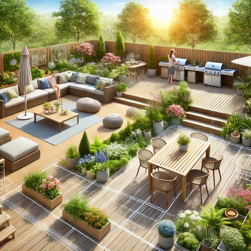DALL·E 2024-12-22 13.10.10 - An outdoor terrace being designed, showing different zones and activities to illustrate the decision-making process for its use. The terrace is divide