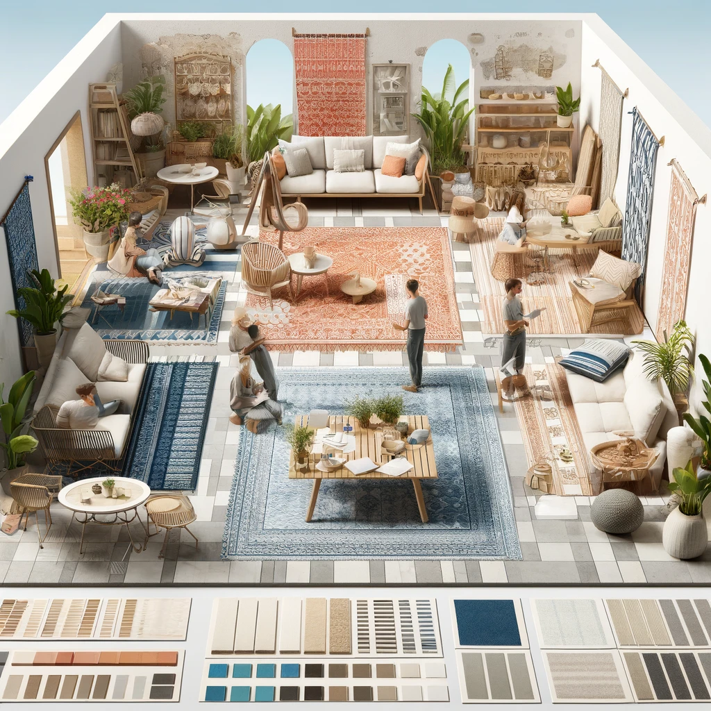 DALL·E 2024-12-22 13.10.45 - A visual representation of the process of choosing a terrace style and design, with sections showing a modern style, bohemian style, and Mediterranean