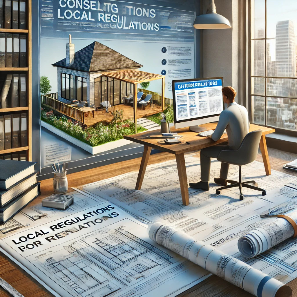 DALL·E 2024-12-22 13.12.24 - An illustration of the process of consulting local regulations for terrace renovations. The image features a person sitting at a desk with blueprints,
