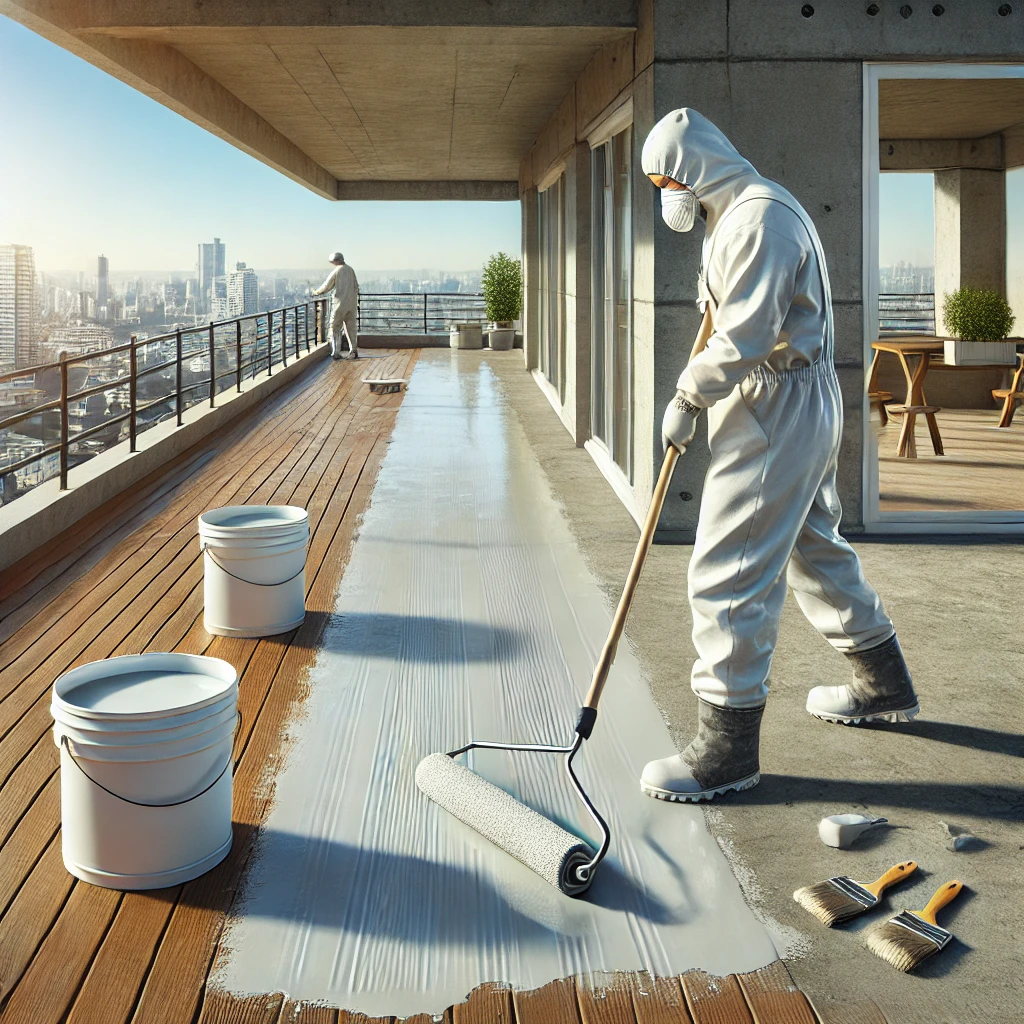 DALL·E 2024-12-22 13.22.18 - A realistic scene of terrace waterproofing in progress. A worker is applying a waterproof coating with a roller brush on the floor and lower parts of