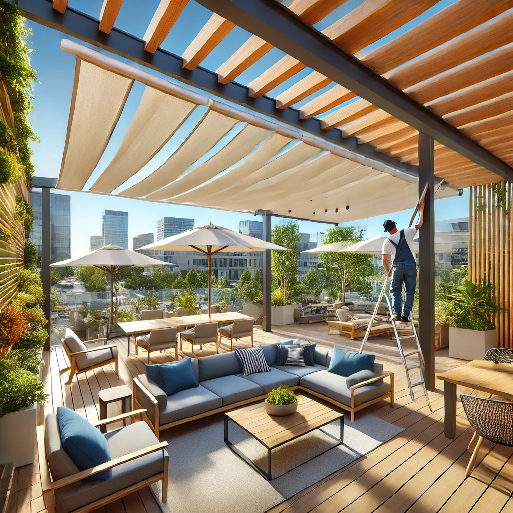 DALL·E 2024-12-22 13.23.38 - A terrace being protected from the sun with the installation of various shading solutions. The scene includes a modern terrace with a pergola partiall