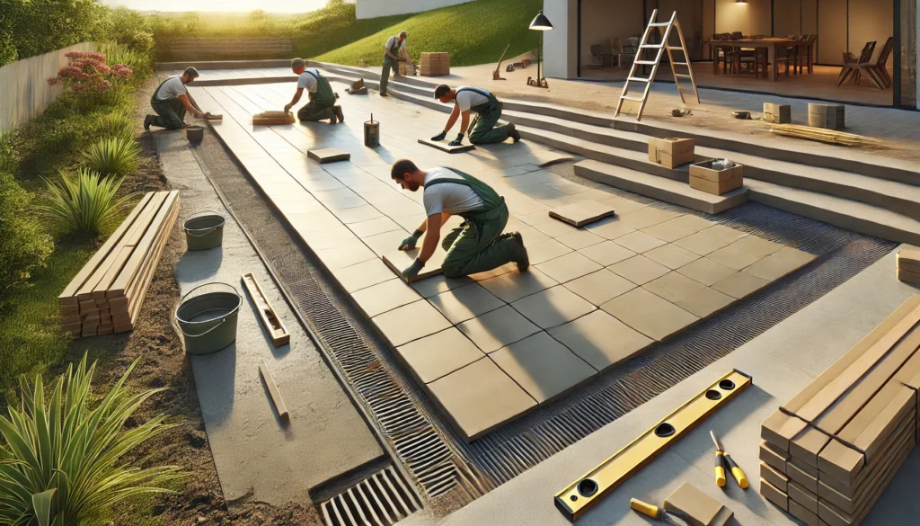 DALL·E 2024-12-22 13.28.00 - An outdoor terrace under construction with pavement installation in progress. Workers are evenly laying tiles on a flat surface, ensuring proper seali