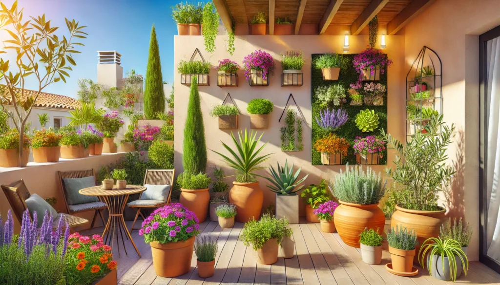 DALL·E 2024-12-22 13.29.55 - A vibrant terrace garden featuring a variety of plants suitable for the Spanish climate. The space includes potted plants, planters with colorful flow