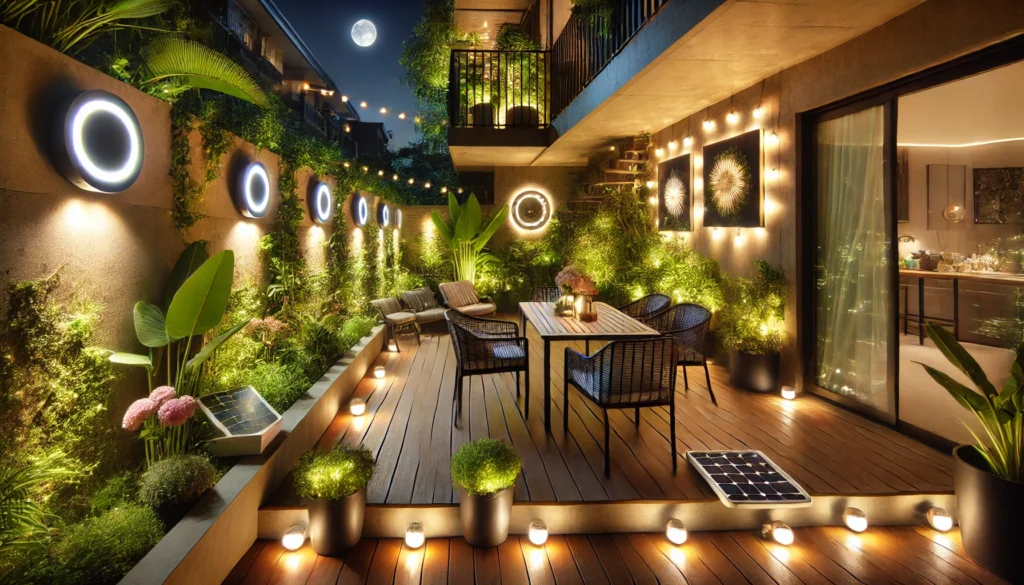 DALL·E 2024-12-22 13.31.22 - An outdoor terrace at night illuminated with various lighting elements. LED strip lights are subtly installed along the edges of the terrace, wall-mou
