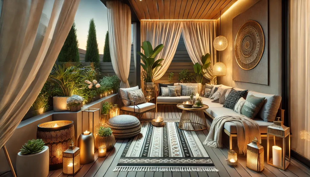 DALL·E 2024-12-22 13.32.56 - A beautifully decorated outdoor terrace featuring decorative accessories. The space includes outdoor rugs, stylish cushions, and flowing curtains to a