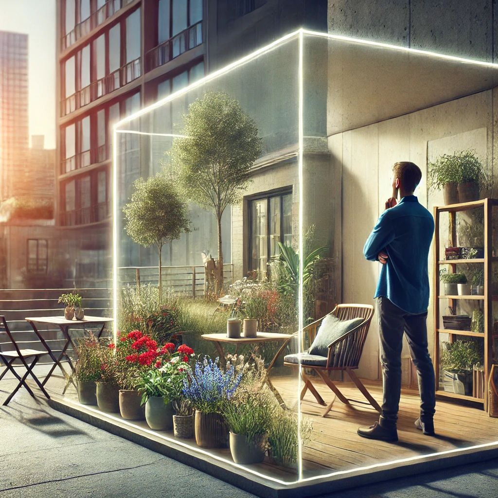 DALL·E 2024-12-24 12.25.50 - A person standing on a small balcony, thoughtfully evaluating the space. The scene shows the person imagining different potential uses for the balcony