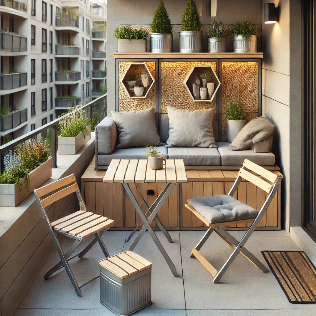 DALL·E 2024-12-24 12.27.25 - A compact and functional balcony setup with practical and space-saving furniture. The scene includes foldable chairs, a storage bench, and a small tre