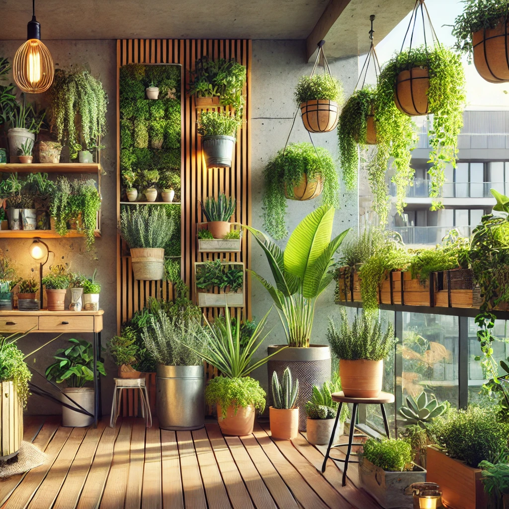 DALL·E 2024-12-24 12.29.28 - A beautifully designed balcony filled with lush vegetation, including hanging pots, a vertical garden, and a variety of plants. The space exudes fresh