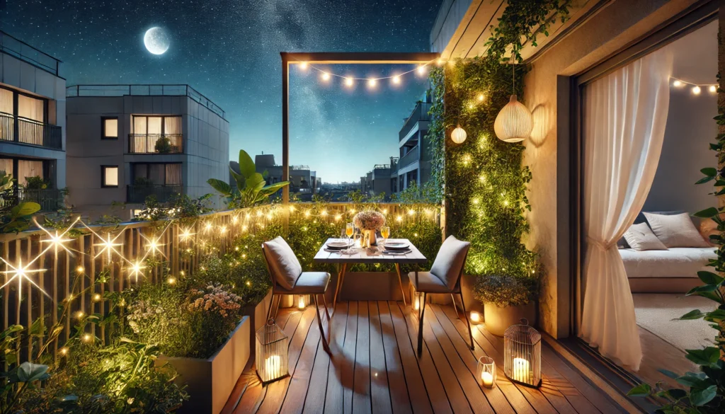 DALL·E 2024-12-24 12.33.28 - A cozy balcony illuminated for a dinner under the stars with fewer LED string lights, solar lamps, and directional spotlights, creating a subtle and w