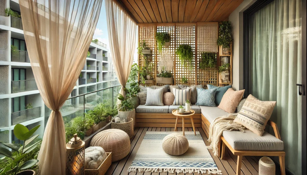 DALL·E 2024-12-24 12.34.43 - A cozy balcony designed for comfort and privacy, featuring outdoor cushions, rugs, and light sheer curtains. The setting includes wooden panels, trell