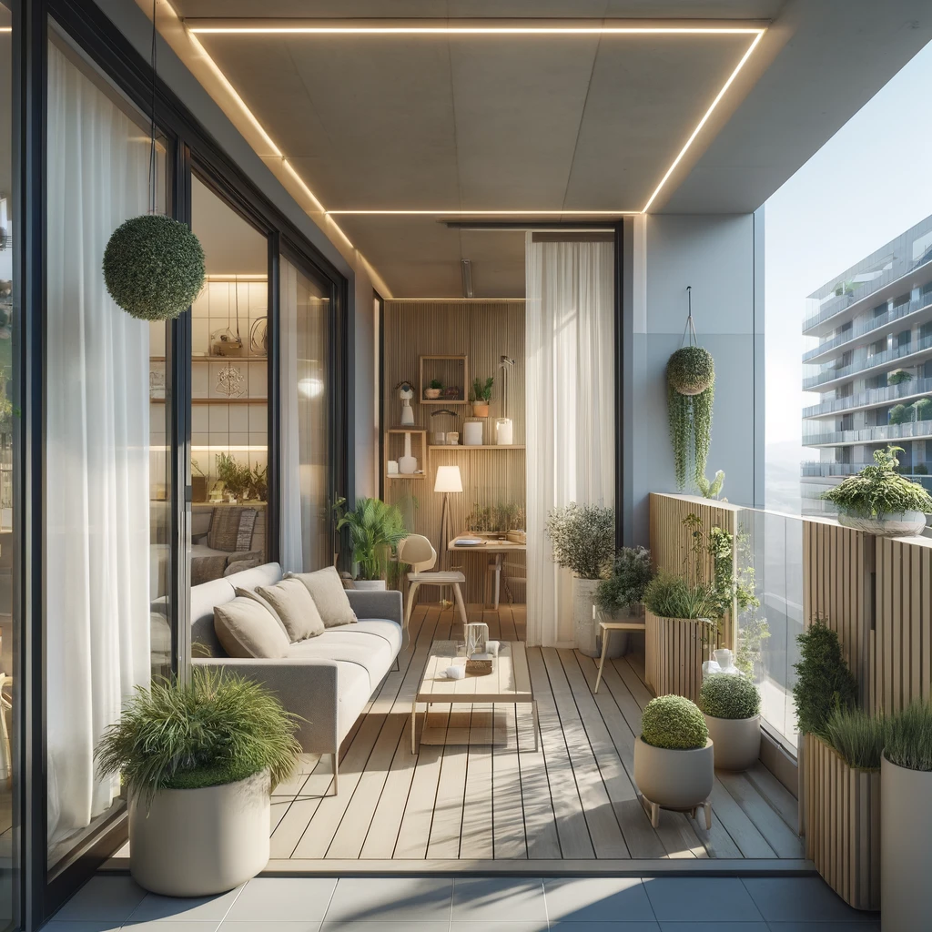 DALL·E 2024-12-24 12.37.34 - A modern balcony designed with the latest 2025 trends_ sustainable and minimalist. Features include recycled materials, neutral color palette, and mul