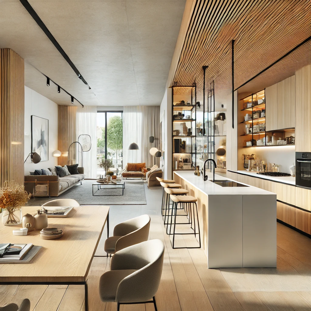 DALL·E 2024-12-24 12.40.36 - A modern open kitchen designed in line with 2025 trends, seamlessly integrated with the living or dining area. The space is bright and airy, with a mu