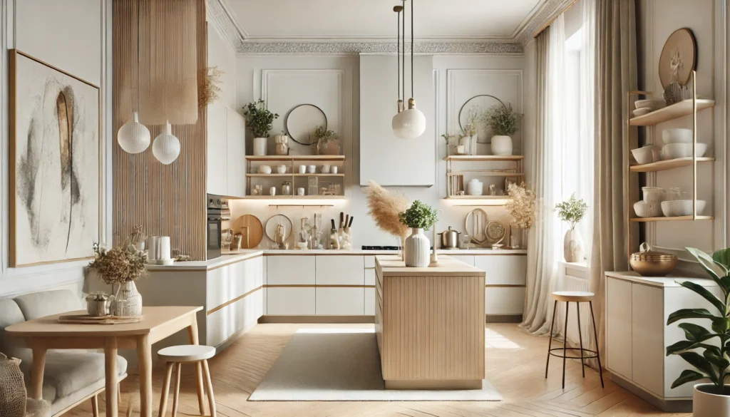 DALL·E 2024-12-24 12.43.11 - A modern kitchen design featuring neutral and earthy tones. The color palette includes white, gray, beige, and natural wood elements. The space is ele